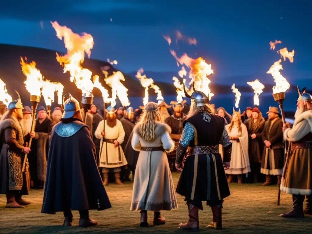 Celebración mística de Festividades Nórdicas y Dioses: gente en atuendos tradicionales alrededor de una hoguera, bajo un cielo estrellado