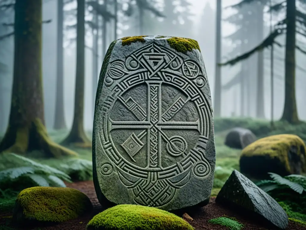 Un místico grabado vikingo en una piedra rúnica, entre la niebla de un bosque escandinavo