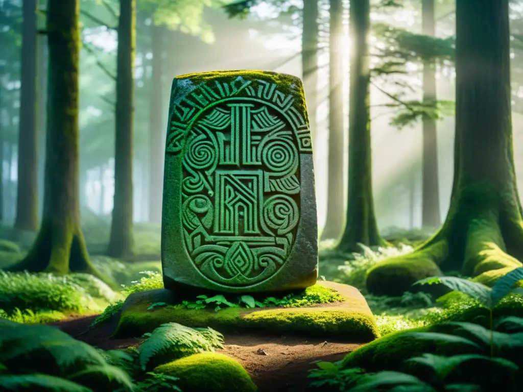 Monumento rúnico vikingo en el bosque Un místico monolito vikingo en un bosque verde y neblinoso, con antiguas runas talladas, bañado por la luz del sol