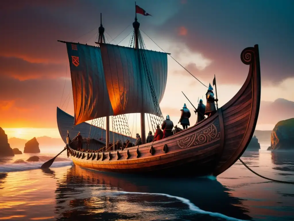 Un místico y poderoso barco vikingo con guerreros en la cubierta, en una costa rocosa al atardecer