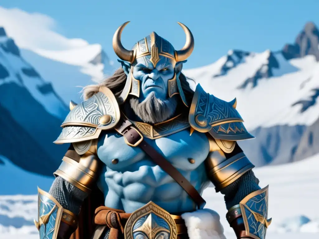 Un Jotun de la mitología nórdica en su grandiosidad, con piel azul y armadura férrea, dominando Jotunheim bajo la nieve