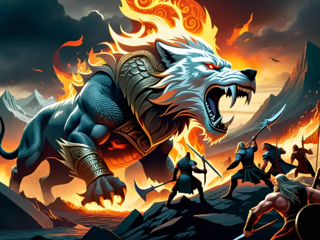 Épica ilustración del Ragnarok en la Mitología Vikinga, con Odin enfrentando a Fenrir, Jormungandr y Surtr en el Final de los Tiempos