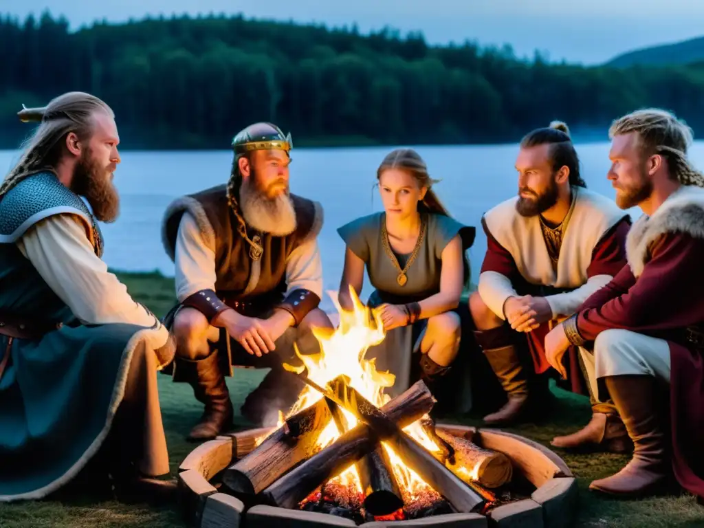 Representación de la mitología nórdica: Reenactment vikingo alrededor de fogata, escuchando historias al atardecer