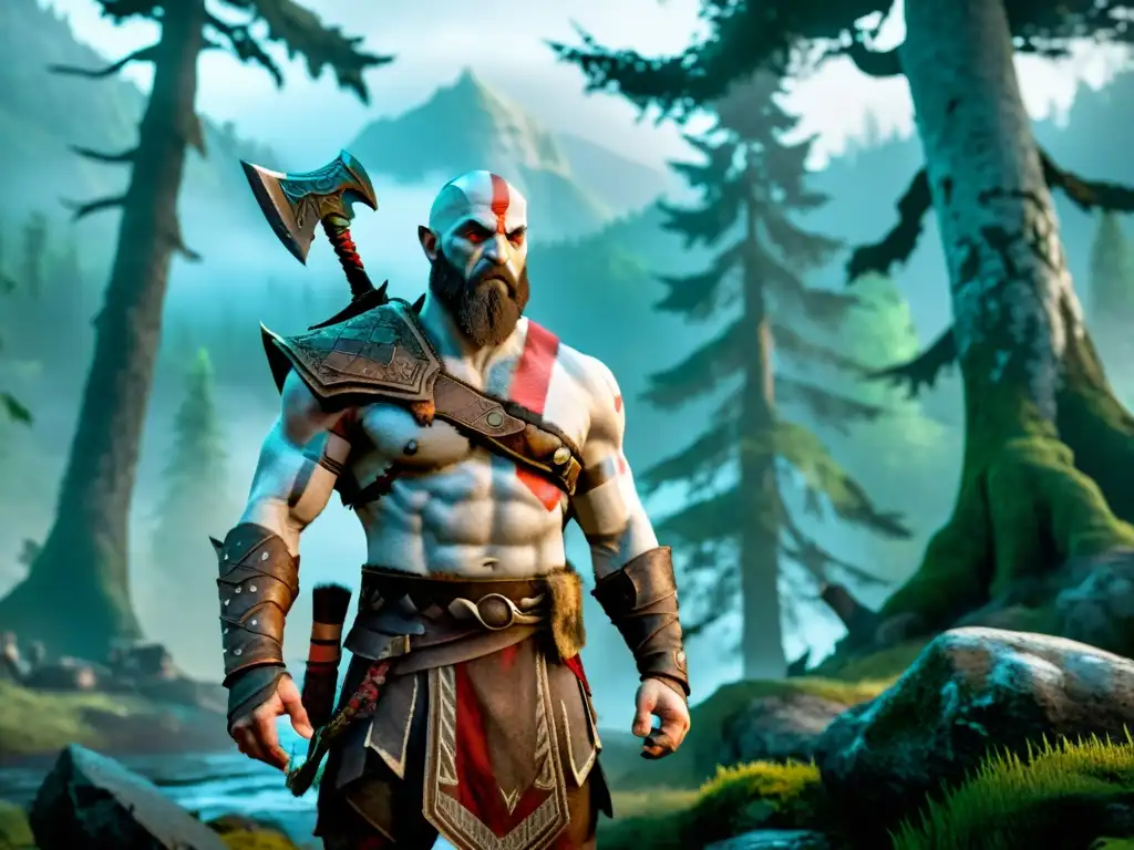 Representación mitos nórdicos videojuego God of War: Kratos en armadura vikinga, en bosque nórdico brumoso y misterioso