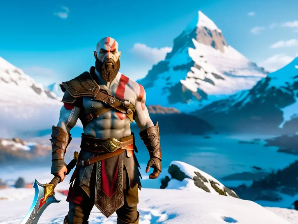 Representación mitos nórdicos videojuego God of War: Kratos en paisaje nórdico nevado con la Aurora Boreal