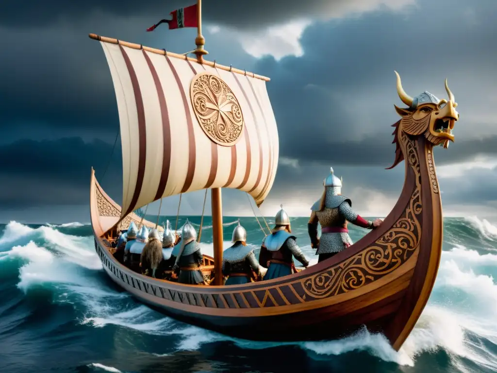 Moda náutica inspirada en vikingos: Un drakkar vikingo surca mares del norte en medio de una tormenta