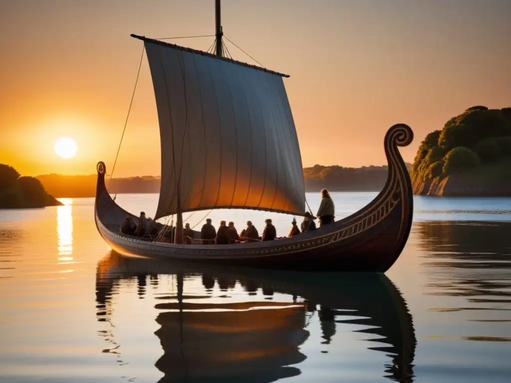 Un modelo de barco vikingo navega en aguas calmadas al atardecer, evocando aventura y exploración en la era vikinga