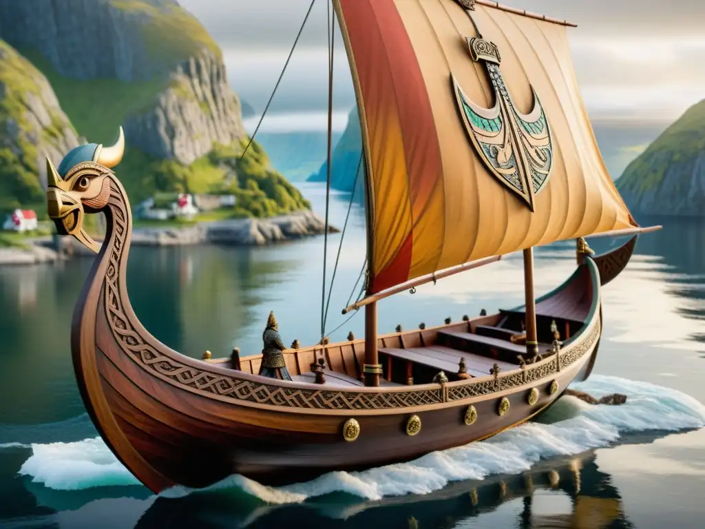 Modelo de barco vikingo artesanal detallado en paisaje nórdico brumoso, destacando tallas de madera y decoraciones coloridas en las velas