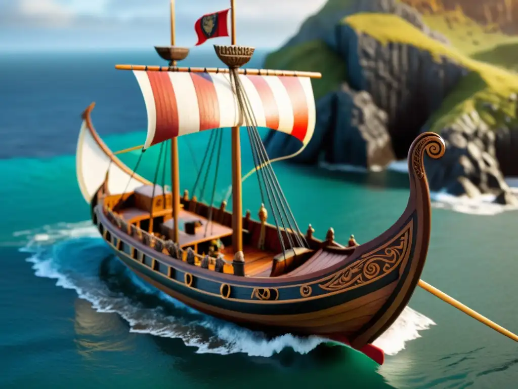 Un modelo de barco vikingo coleccionable muestra una réplica detallada con dragones esculpidos, símbolos nórdicos y colores vibrantes