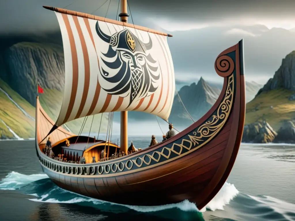 Modelo de barco vikingo coleccionable, detallado y pintado a mano, con paisaje nórdico de fondo