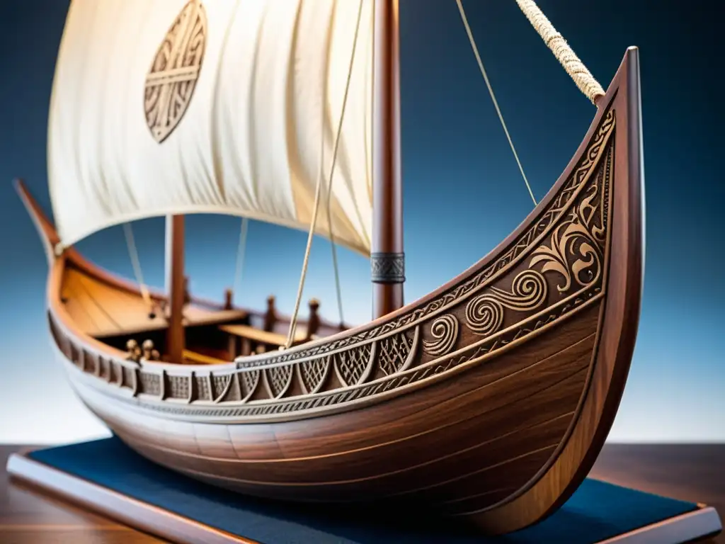 Modelo de barco vikingo creativo con detalles artesanales y contexto histórico en el fondo