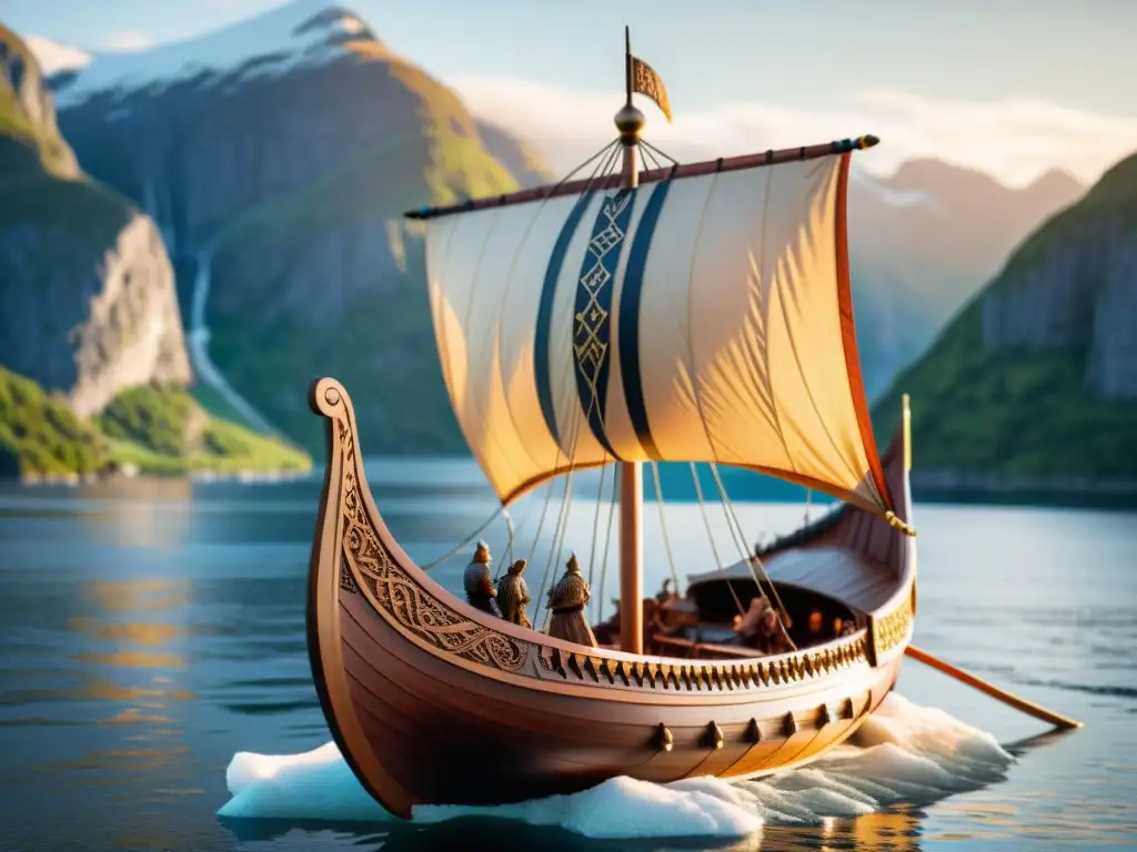 Modelo de barco vikingo creativo en un fiordo sereno con montañas nevadas al fondo y una cálida luz dorada del atardecer