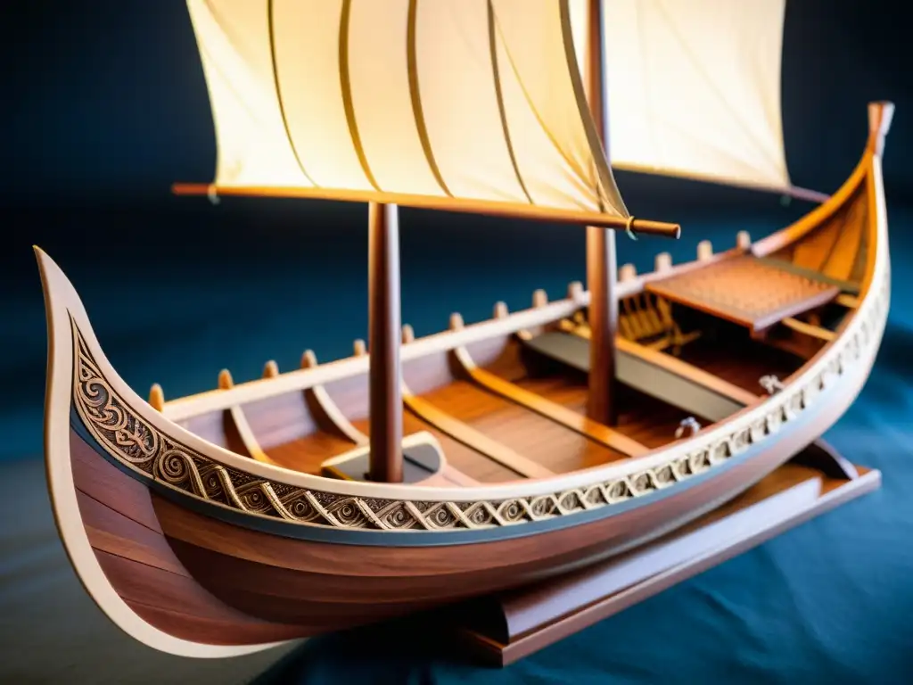 Modelo de barco vikingo evolución: detallada maqueta de un drakkar, con intrincado trabajo en madera y vela, iluminada por suave luz natural