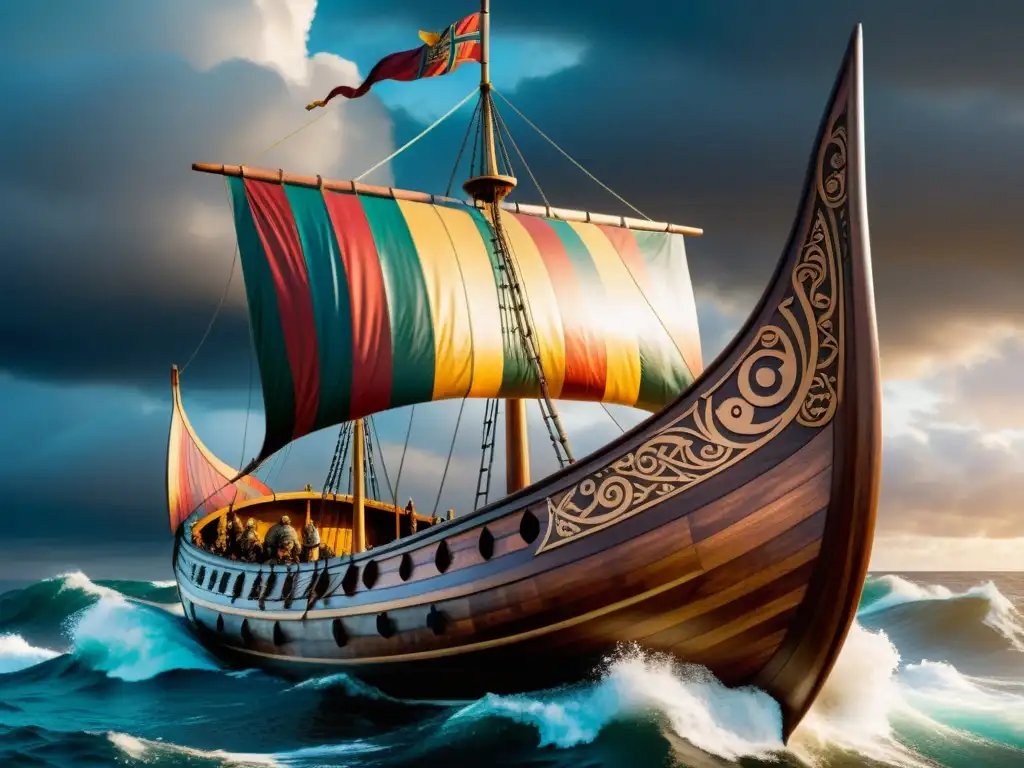 Modelo de barco vikingo evolución: Reconstrucción detallada de un drakkar con vistosos escudos y símbolos nórdicos, navegando en tormenta