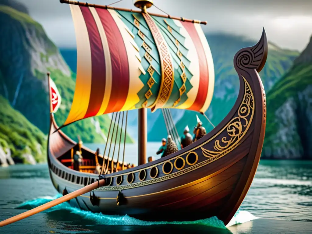 Modelo de barco vikingo meticulosamente detallado, con ornamentos, proa de dragón y vela colorida, en un paisaje costero evocador