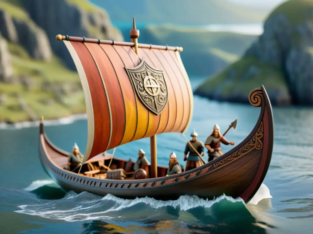 Modelo de barco vikingo detallado en paisaje nórdico, con escudos coloridos y símbolos nórdicos en la vela, oars y figura de dragón en proa