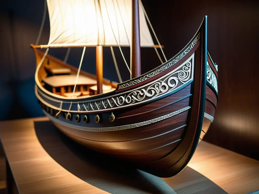 Modelo de barco vikingo meticulosamente detallado, iluminado dramáticamente para resaltar su artesanía e historia