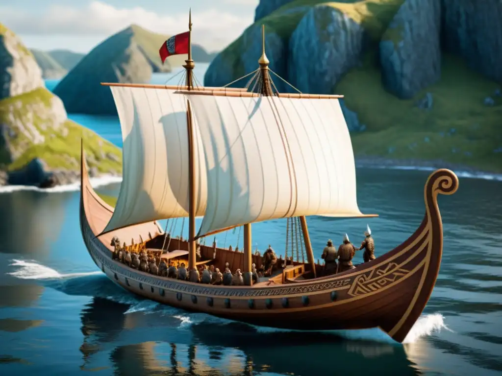 Modelo de barco vikingo meticulosamente detallado, evocando la cultura marítima vikinga en un paisaje nórdico, con luz y sombra realzando los detalles