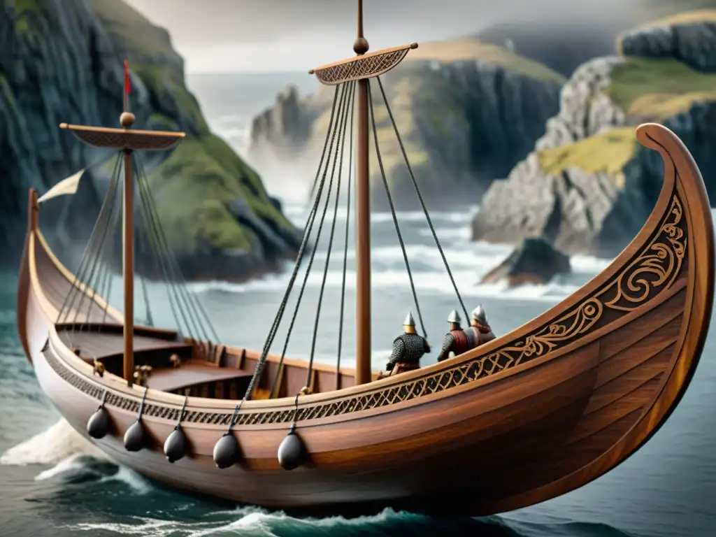 Modelo de barco vikingo meticulosamente detallado en un paisaje costero nórdico evocador