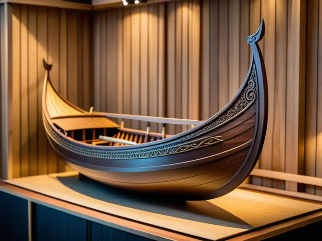 Modelo de barco vikingo meticulosamente detallado en un taller evocando autenticidad histórica y artesanía