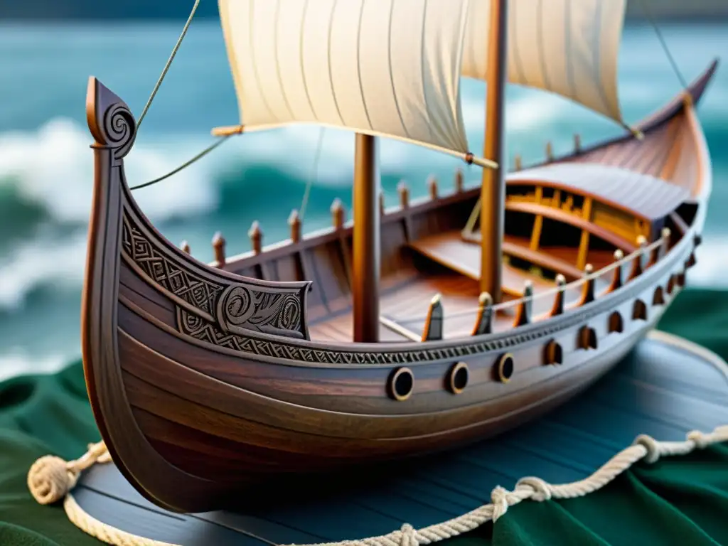 Modelo de barco vikingo con detalles meticulosos y fidelidad histórica, exhibido en un paisaje costero nórdico dramático