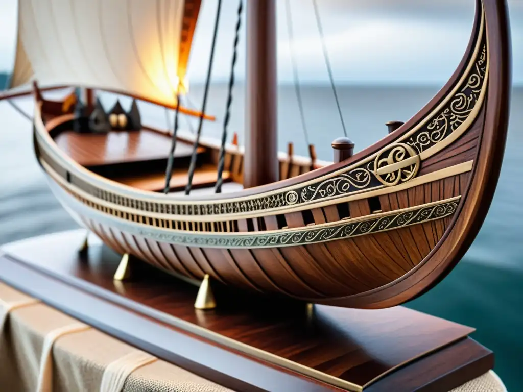 Un modelo de barco vikingo meticulosamente elaborado, con detalles intrincados y diseño auténtico