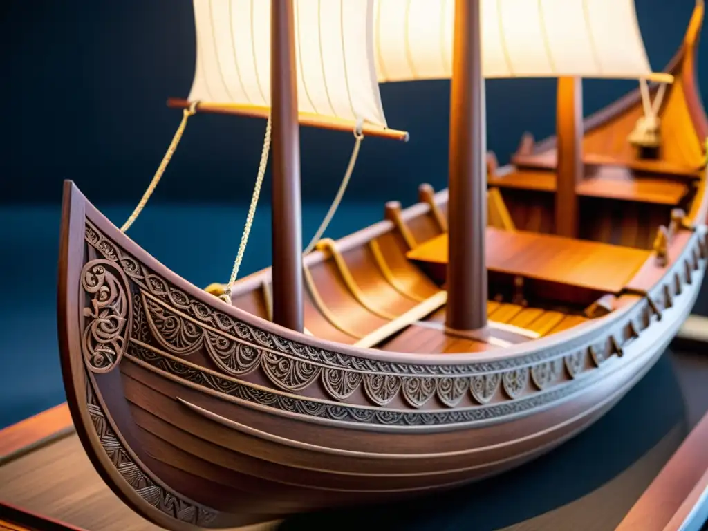 Modelo de barco vikingo histórico detallado, exhibiendo artesanía impresionante y atmósfera de reverencia histórica