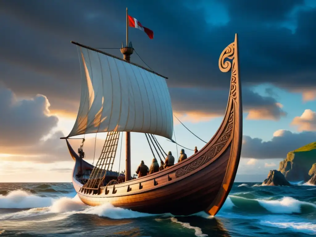 Modelo de barco vikingo histórico anclado en una costa rocosa, destacando la artesanía y la belleza salvaje del paisaje