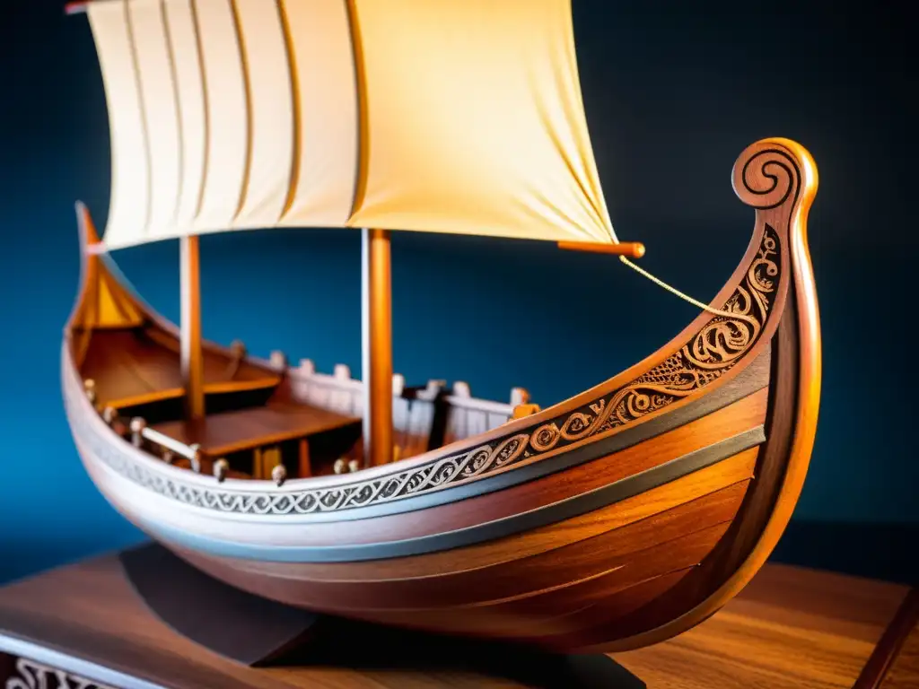 Un modelo de barco vikingo histórico meticulosamente elaborado, exhibiendo intrincados detalles y diseño de vela