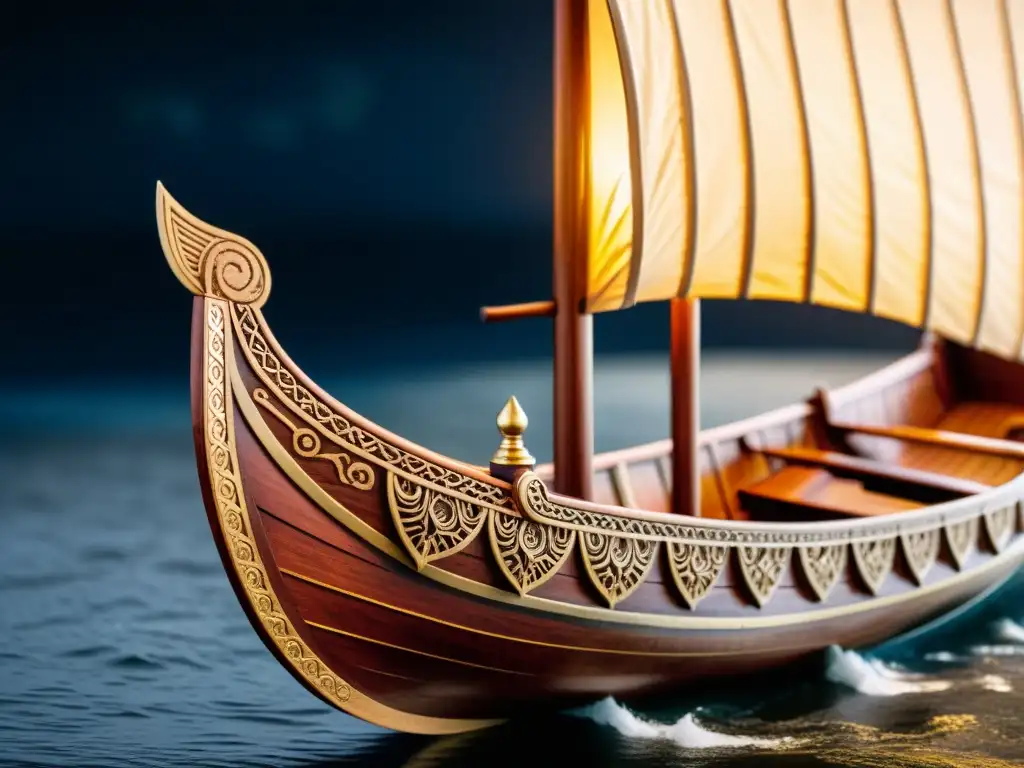 Un modelo de barco vikingo histórico, detallado y pintado a mano, destaca contra un fondo oscuro, evocando la mística de la tradición vikinga