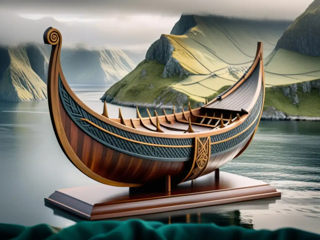 Modelo de barco vikingo histórico detallado en paisaje nórdico evocador