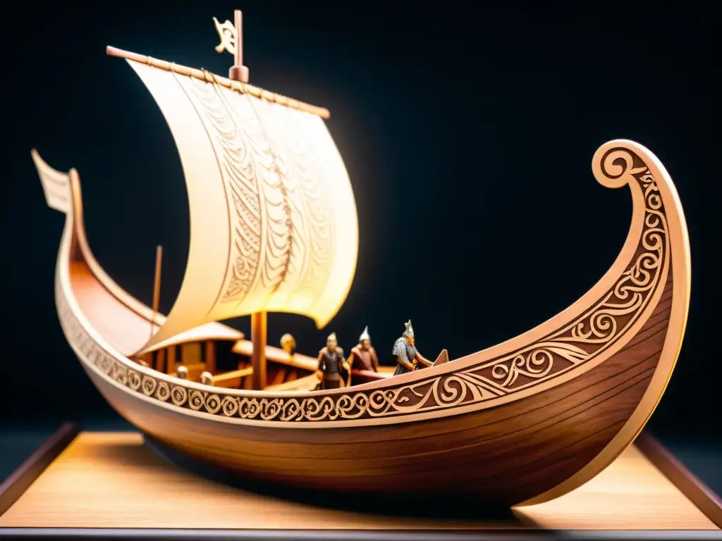 Modelo de barco vikingo mitológico tallado en madera, con figuras de Odin, Thor y Jormungandr, destacando sus detalles en dramática iluminación