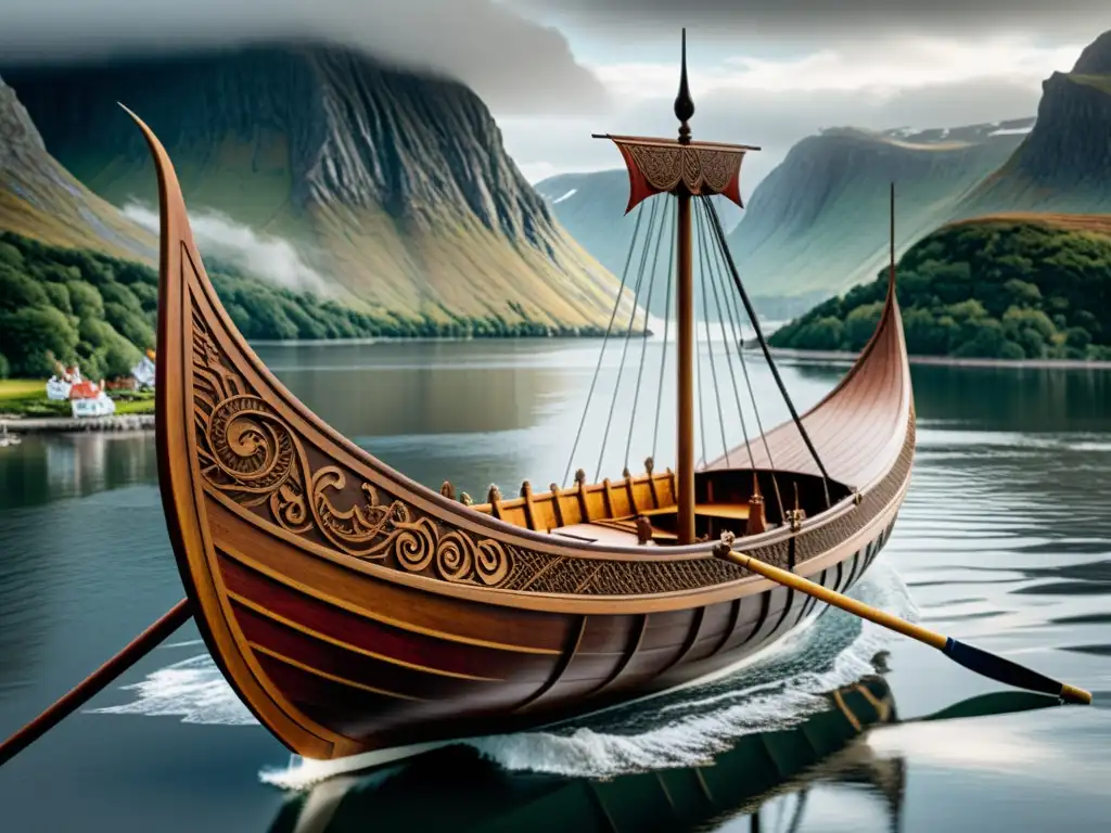 Modelo de barco vikingo mitológico detallado, con paisaje nórdico y cielo dramático al fondo