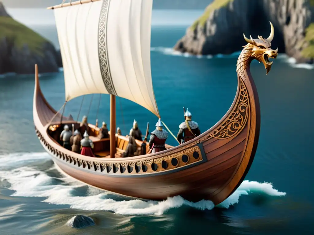 Modelo de barco vikingo mitológico detallado, adornado con dioses nórdicos esculpidos, dragones ornamentales y paisajes escandinavos