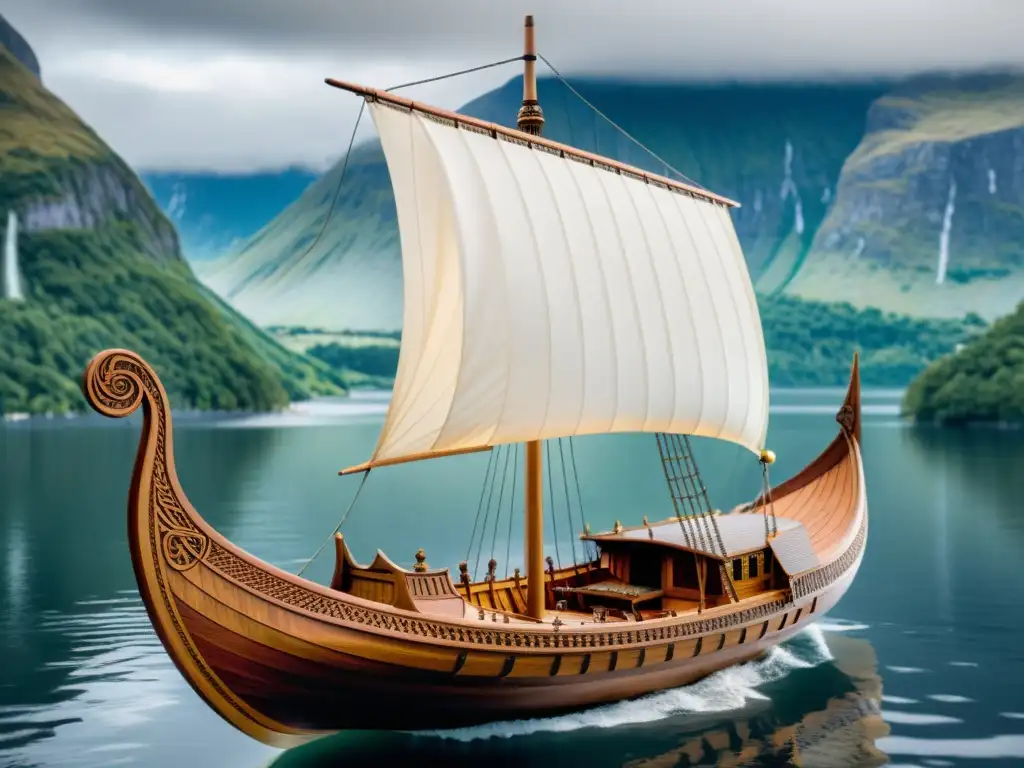 Modelo barco vikingo perfecto: Detallada réplica artesanal de un drakkar, con maderas intrincadas, velas detalladas y tallas de dragón