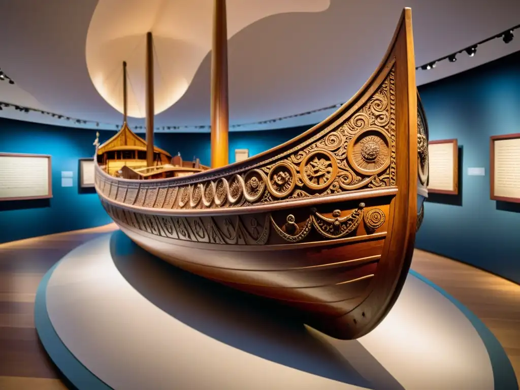 Modelo de barco vikingo valorado en museo, detallado y magnífico, con admiradores y suaves luces resaltando la artesanía antigua