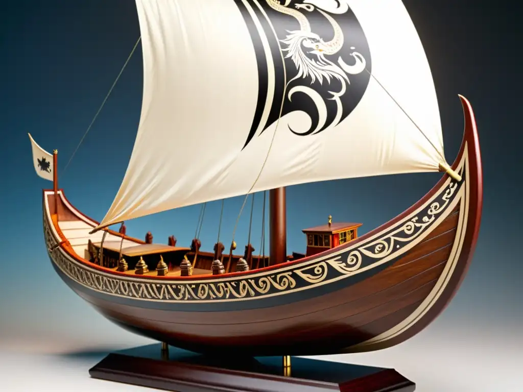 Modelo coleccionable de barco vikingo meticulosamente detallado en madera, con pintura artesanal y realismo histórico