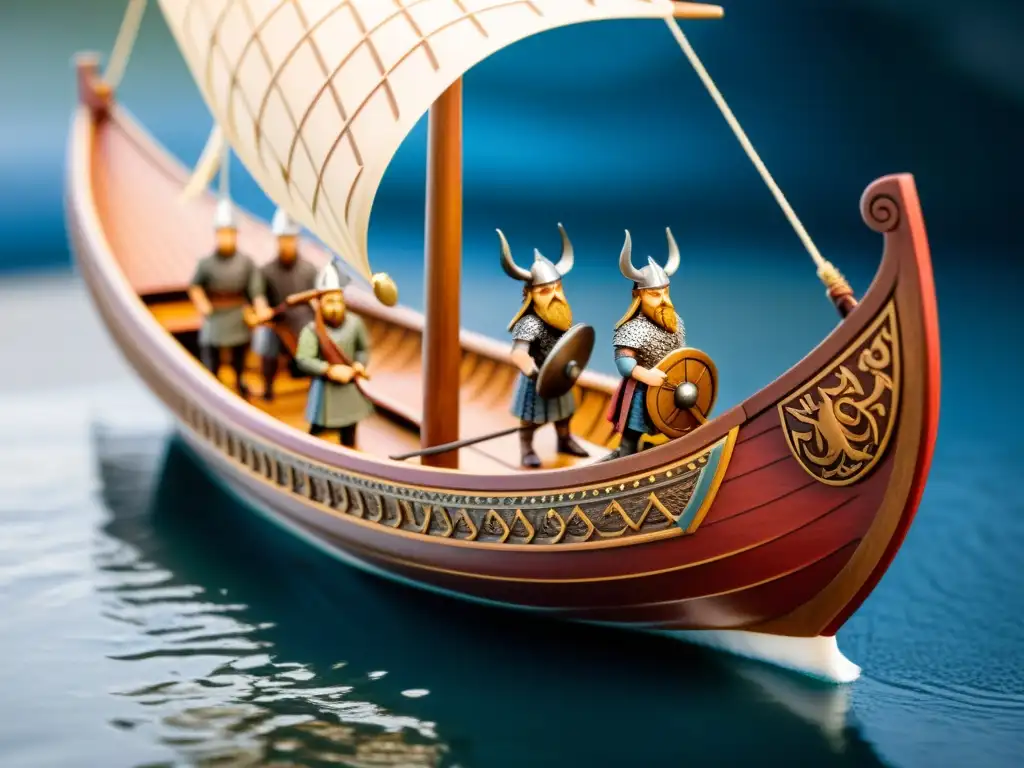 Modelo detallado de un barco vikingo mitológico, con dragones, guerreros y dioses, evocando la artesanía y la rica mitología nórdica