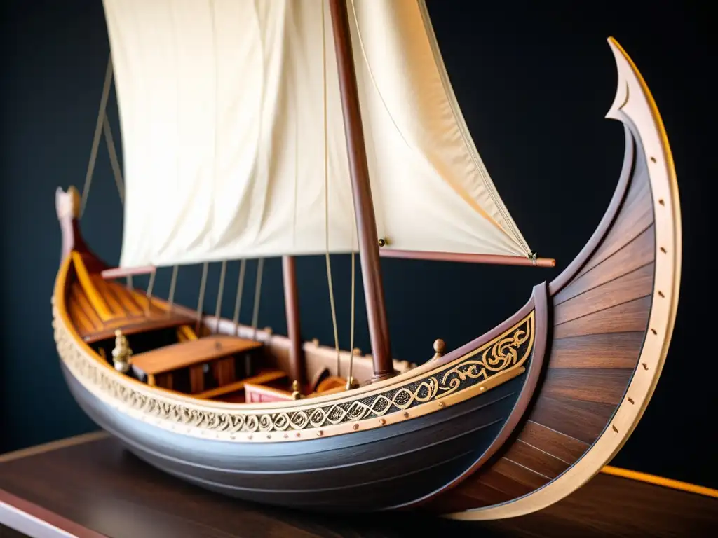 Un modelo detallado de un barco vikingo coleccionable exhibido con dramática iluminación, destacando su artesanía y precisión histórica