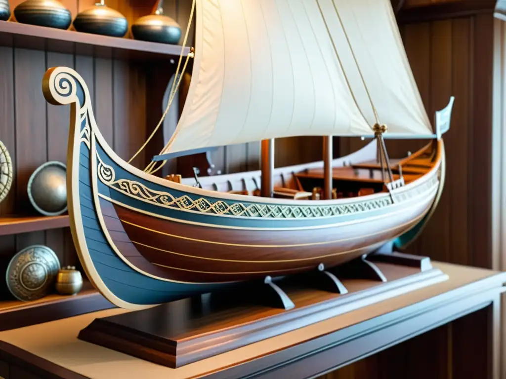 Modelo detallado de barco vikingo artesanal con escudos pintados, remos tallados y estantes con réplicas de barcos vikingos