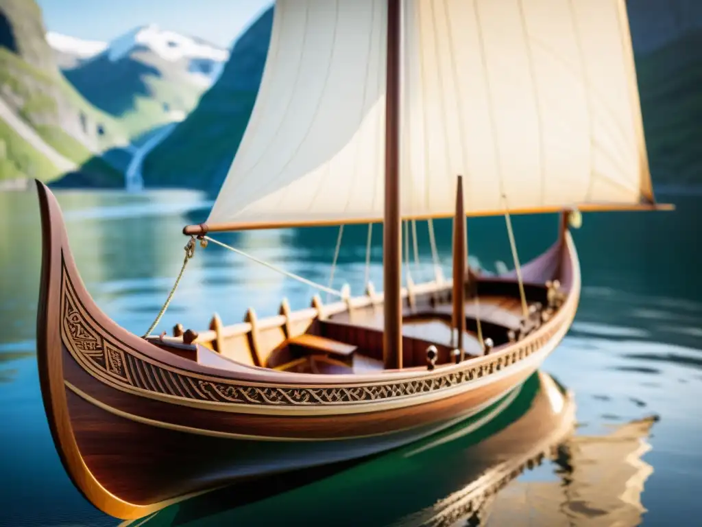 Modelo detallado de barco vikingo exhibido en un fiordo escandinavo, evocando la aventura y la exploración