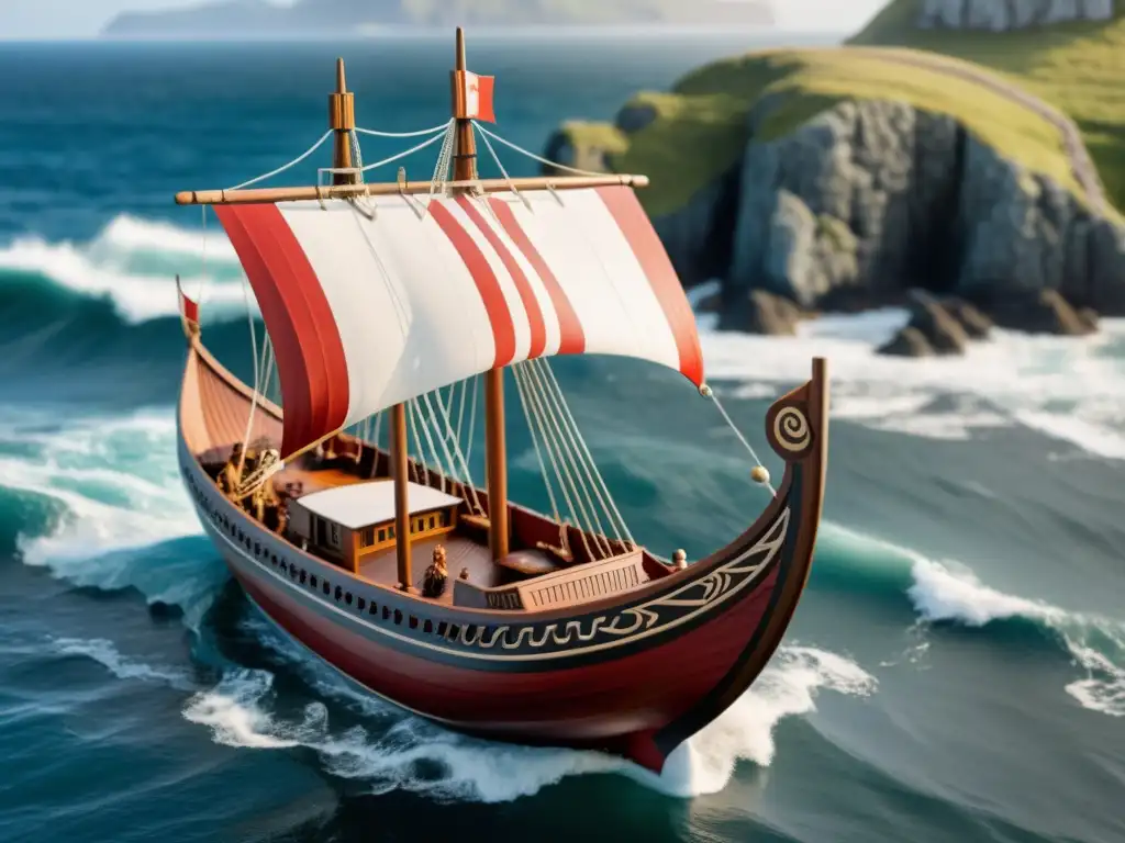 Modelo detallado de barco vikingo histórico en paisaje nórdico, evocando aventura y exploración