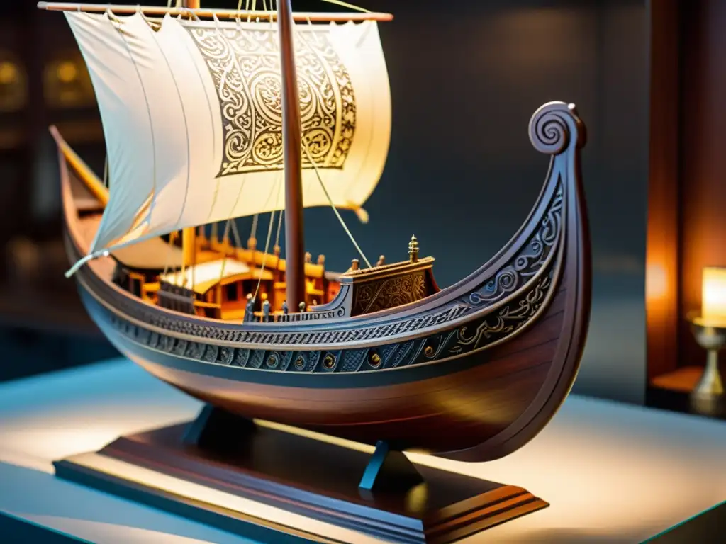 Modelo detallado de barco vikingo exhibido en museo, con madera tallada, figura de dragón y ambiente histórico iluminado cálidamente