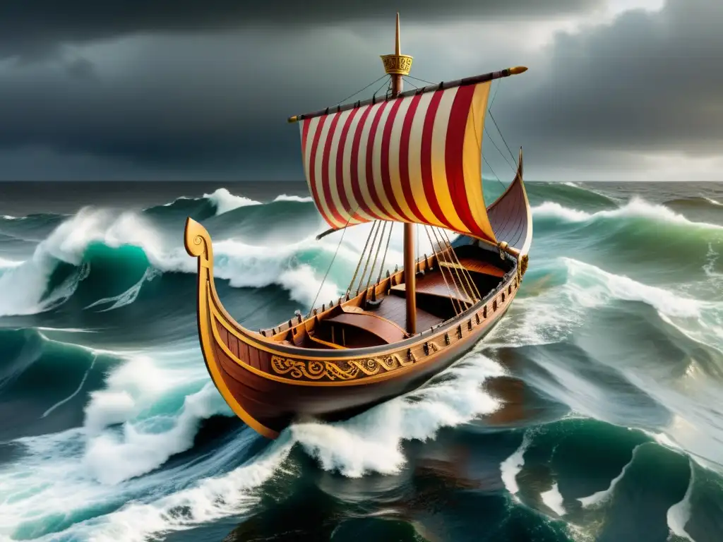 Un modelo detallado de un barco vikingo con artesanía impresionante en un paisaje costero tormentoso