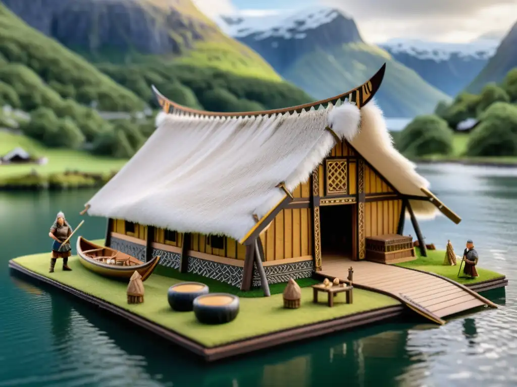 Un modelo detallado de un longhouse vikingo con paisaje nórdico