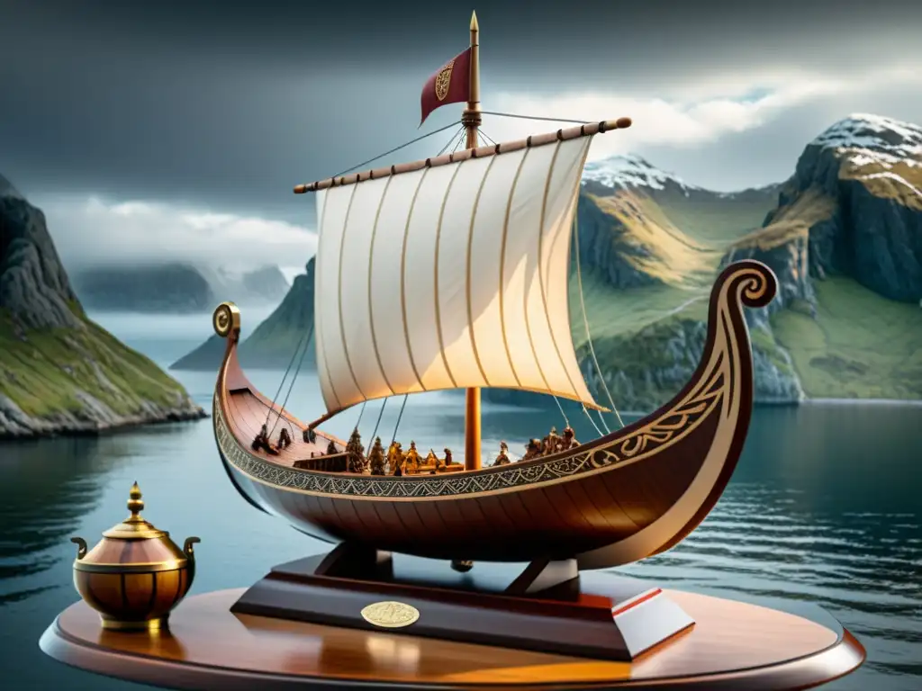 Modelo a escala de barco vikingo detallado en 8k, con tallados de madera, mástil, velas, escudos y figura de dragón