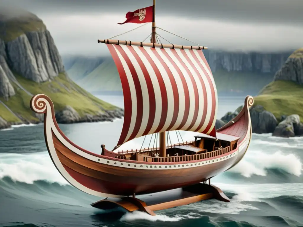 Modelo a escala de un barco vikingo con detalles meticulosos, velas coloridas y paisaje nórdico dramático