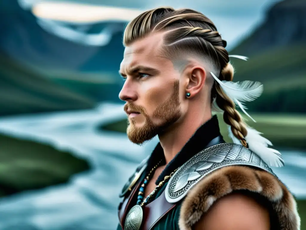 Un modelo masculino moderno con peinado vikingo, fusionando estilos antiguos y contemporáneos en paisaje nórdico