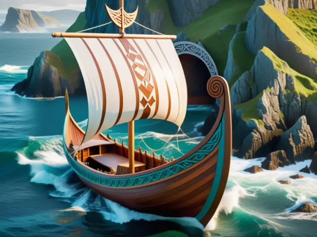 Un modelo perfecto de barco vikingo, detalladamente elaborado por hábiles artesanos, con intrincados grabados y colores vivos