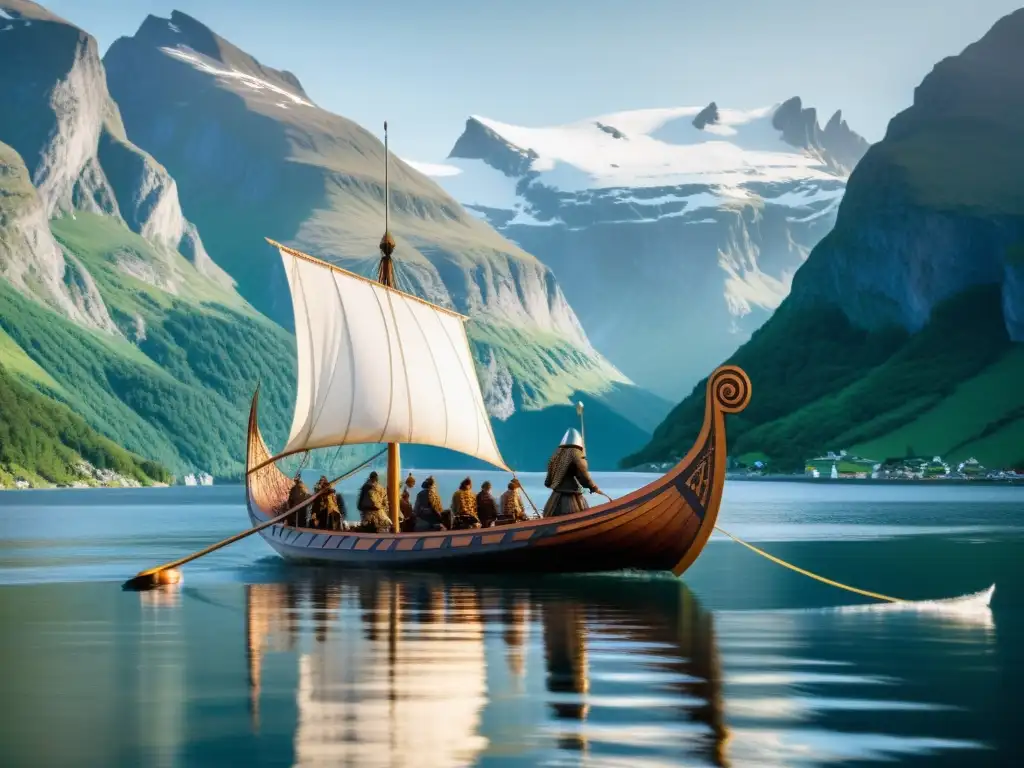 Modelos de barcos vikingos históricos: Detallada imagen de un barco vikingo surcando un fiordo, con montañas nevadas reflejadas en el agua